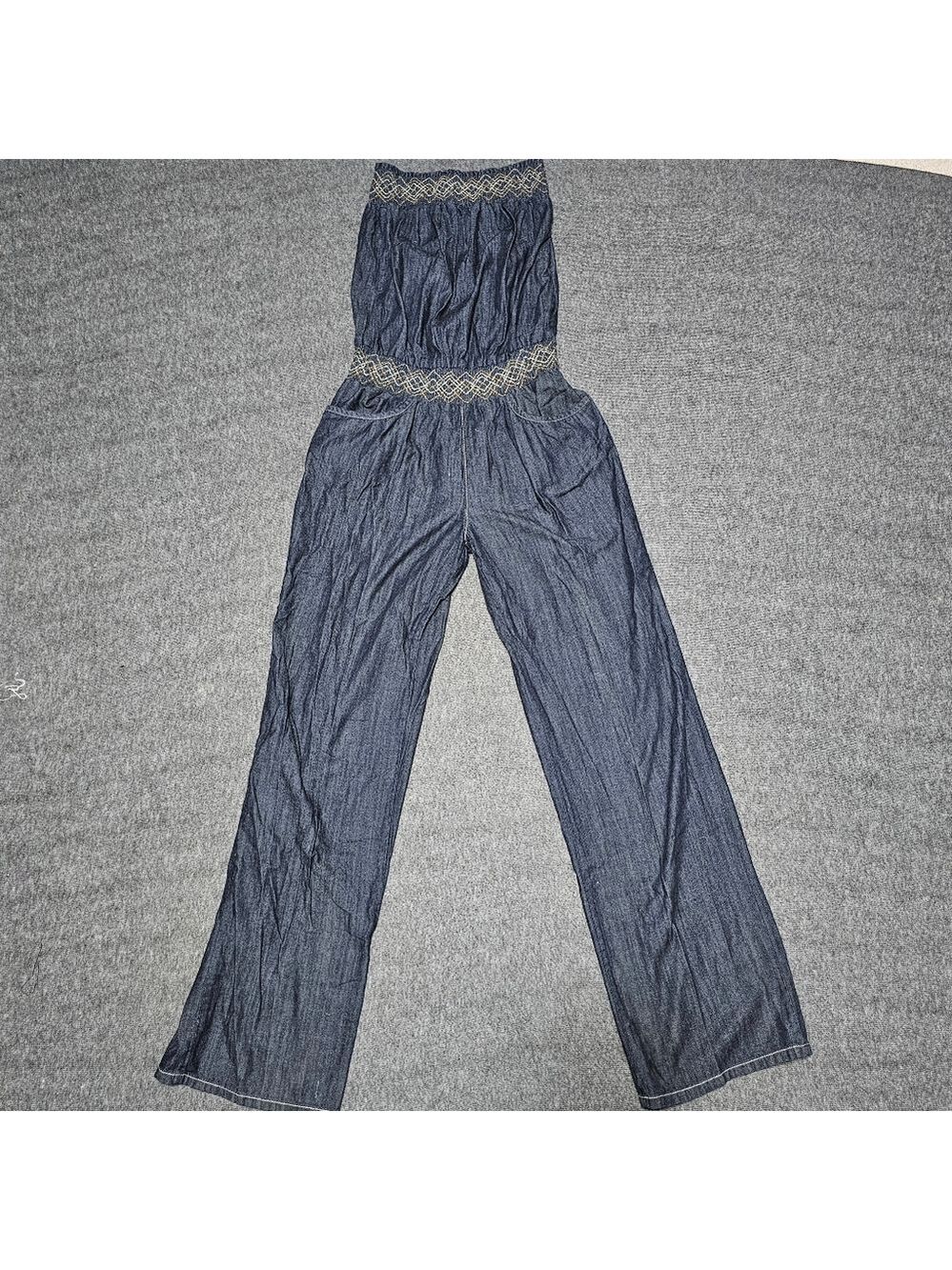 Blue Spice Y2K Denim Strapless Smocked Jumpsuit Large